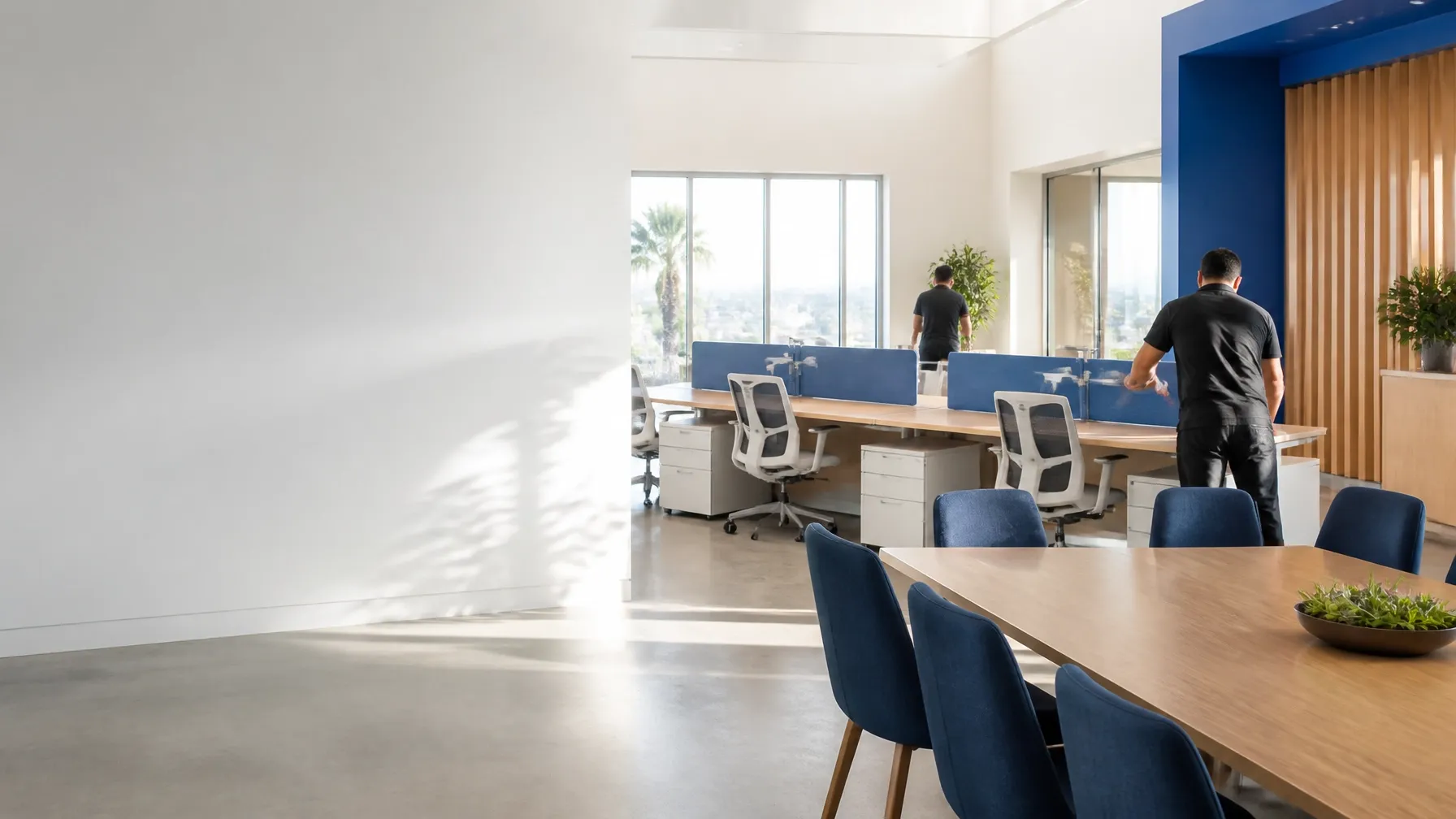 Bright office workspace with panel workstations, task chairs, and a conference table