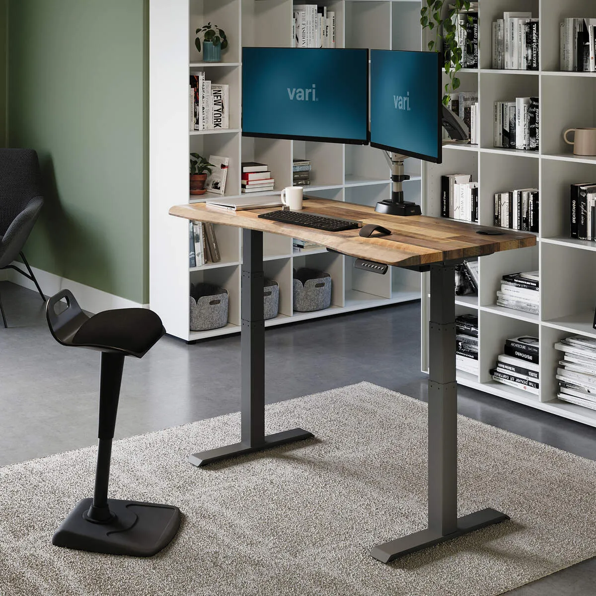 Vari electric standing desk with dual monitor workspace